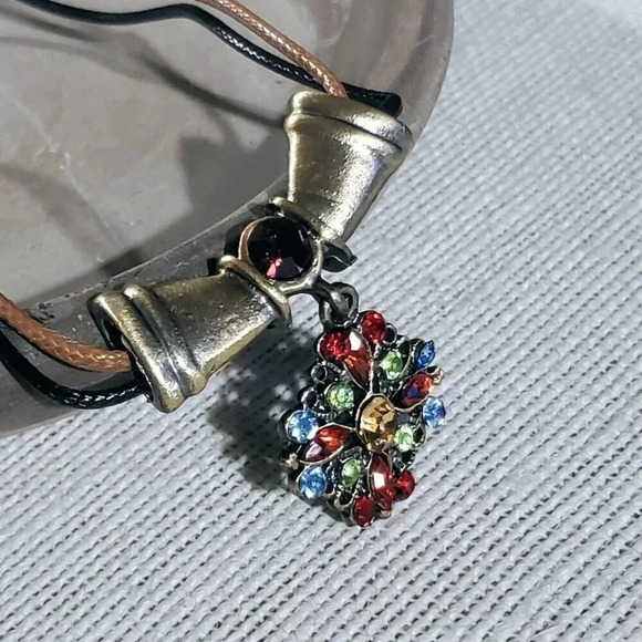 Rustic Antique Bronze Rhinestones Geometric Pendant Necklace Vegan Leather - Picture 2 of 10